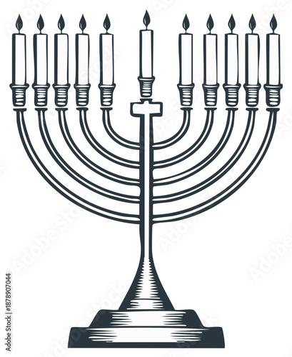 Illustration of a traditional Hanukkah menorah, a nine-branched candelabrum, on a white background