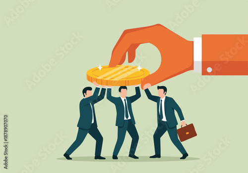 Businessmen carrying a large golden coin under a giant hand, financial concept