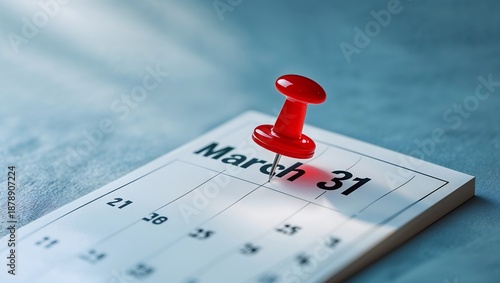 Red Pushpin on March 31 Calendar Date Reminder