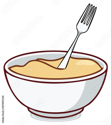 A simple illustration of a bowl filled with creamy mashed potatoes with a fork inserted