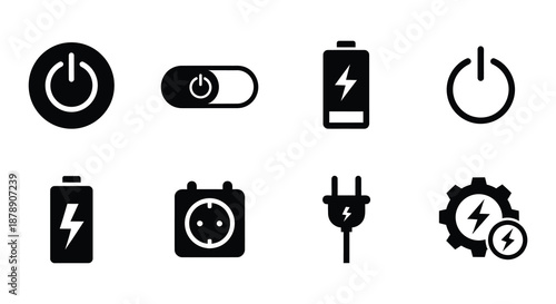 Black power icons depicting on and off battery levels and electrical connections