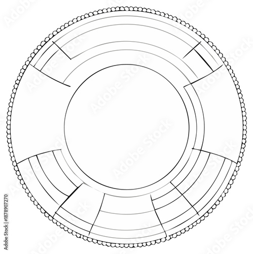 Abstract geometric circular design with segmented areas and decorative beaded outer edge minimalist line art