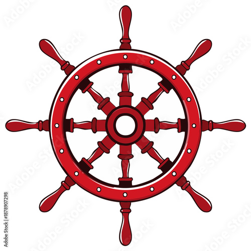 Bold Red Nautical Ship Steering Wheel with Eight Spokes and Handles