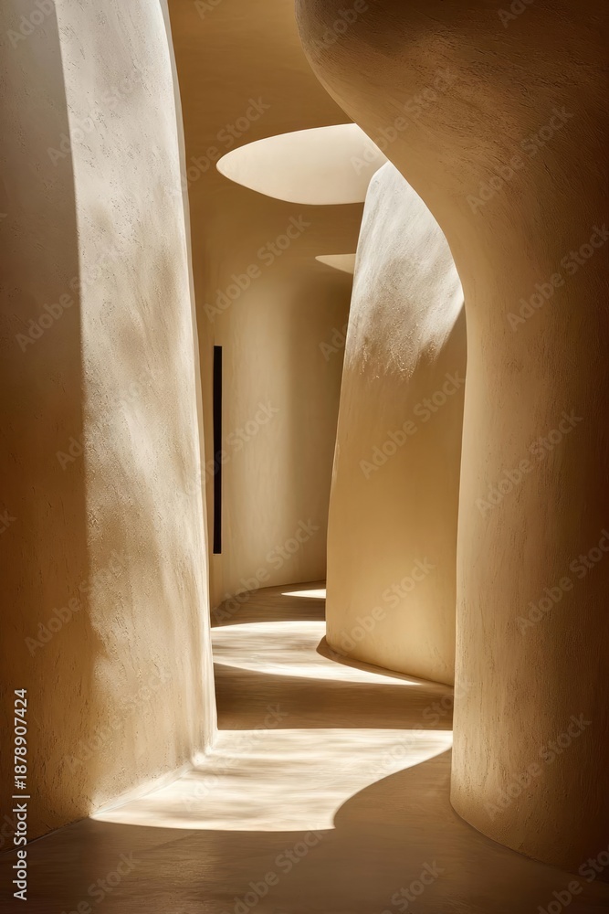 Naklejka premium Sunlit interior with smooth, curved beige walls and pillars, soft shadows on the floor. Concept Sunlit curved beige walls, Sculptural beige pillars, Soft floor shadows, Warm neutral tones