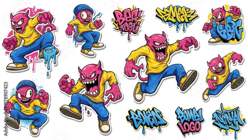 Collection of Red Horned Monster Characters in Dynamic Poses with Graffiti Art.