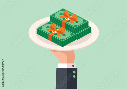 Hand serving money stacks tied with gift ribbons on a plate