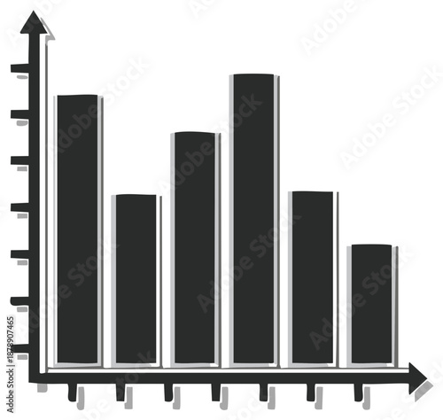 Simple dark bar chart graphic with a black arrow on an axis representing growth and decline