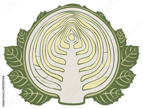 Detailed Cross Section of a Green Cabbage with Leafy Exterior Intricate Layers and Natural Texture