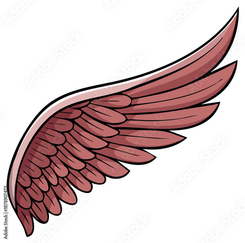 Graphic vector illustration of a reddish brown stylized wing with layered feathers and bold outline
