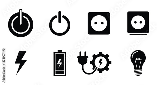 Black power icons depicting on and off battery levels and electrical connections