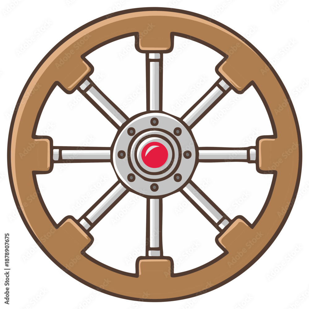 Obraz premium Stylized Wooden Ship Steering Wheel with Red Gem Center