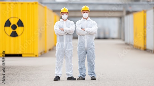 Two male workers in protective suits and masks stand confidently with arms crossed in front of yellow radiation containers at an industrial site with a clear pathway