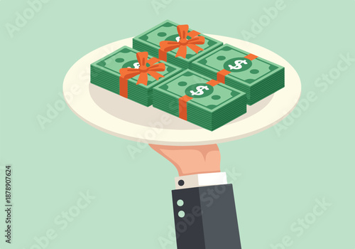 Business hand serving stacks of money as a financial reward or gift on a platter
