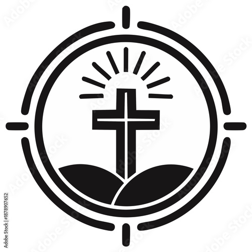 Christian Cross Icon on Hills with Sunburst in Circle Symbol Black and White Vector