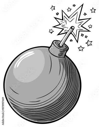 Vintage bomb illustration with a lit fuse and bursting stars