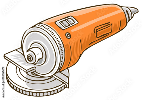 Hand drawn illustration of an orange angle grinder, a power tool for metalworking and construction