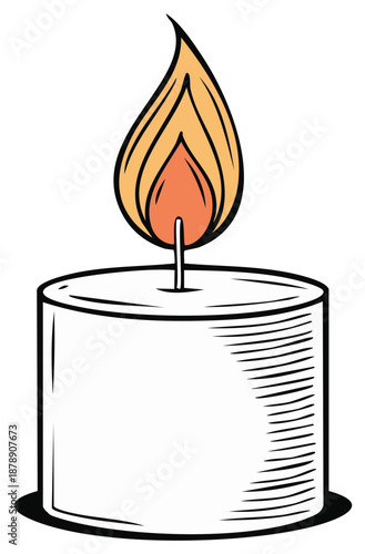Illuminated candle flame vector art illustration offering warmth and peace in a cylindrical votive holder on white backdrop