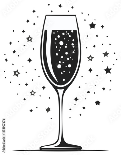 Celebratory champagne glass with effervescent bubbles and twinkling stars vector art