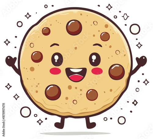 Cheerful smiling chocolate chip cookie character with rosy cheeks and raised arms vector illustration
