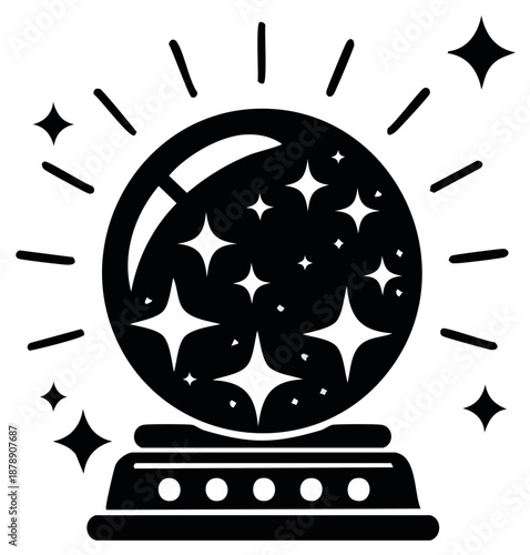 Mystical crystal ball radiating stars and light, divination symbol.