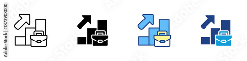 Work Result Growth Multiple Style Icon Design Vector - Briefcase and chart bar with upward arrow, representing performance improvement, productivity increase, and career progress