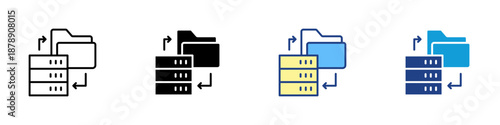 Data Storage Multiple Style Icon Design Vector - Server stack with folder and arrows, representing data saving, management, and secure storage