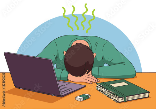 Tired person slumped over desk, showing exhaustion or stress from work