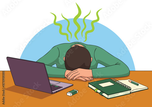 Exhausted person resting head on desk with laptop, experiencing burnout