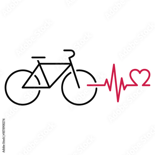 Black bicycle outline with heart and heartbeat line