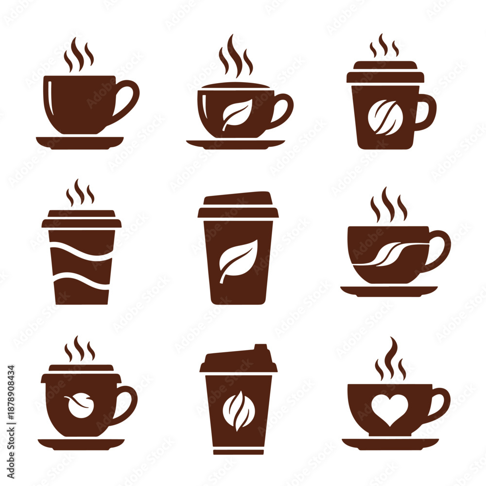 Obraz premium Brown coffee cups and to-go cups with steam and symbols on white background