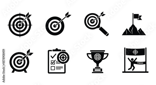 Black and white icons depicting targets achievement and reaching the finish line