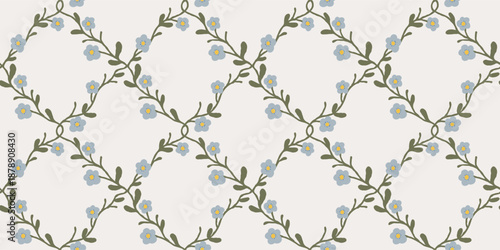 Seamless floral pattern with blue forget-me-not flowers and green vines on a light background. Decorative wrapping paper and textile backgrounds