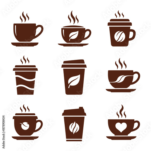 Brown coffee cups and to-go cups with steam and symbols on white background