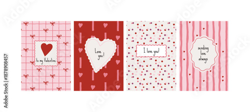 Set of valentines day greeting card collection with pink and purple romantic patterns. Heart frames, and love messages
