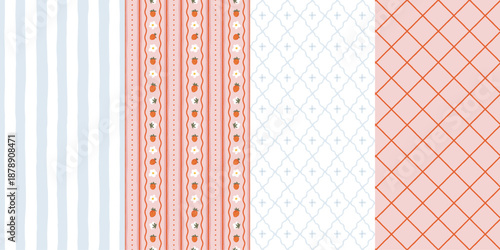 Countryside seamless pattern set with strawberries, flowers, and rustic farm elements in cottagecore aesthetic. Decorative wrapping paper and textile backgrounds