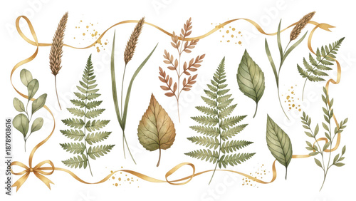 Watercolor floral illustration set   grasses, ferns and leaves for your own design. Gold ribbons and splashes. Wedding stationery, greeting cards, wallpaper or background.