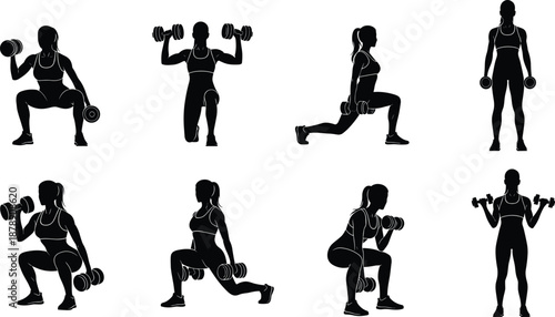 Fitness Woman Silhouette Vector Set Featuring Gym Workout Exercises With Dumbbells Including Squats Lunges and Weightlifting Icons for Health Bodybuilding and Personal Training Design