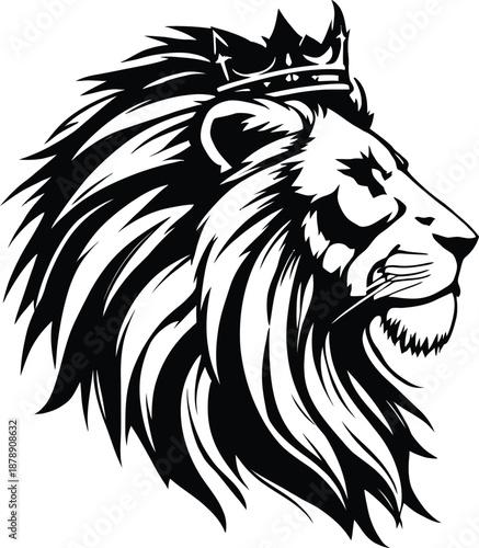 Lion head with crown black and white vector illustration bold profile symbol of royalty power and majestic leadership