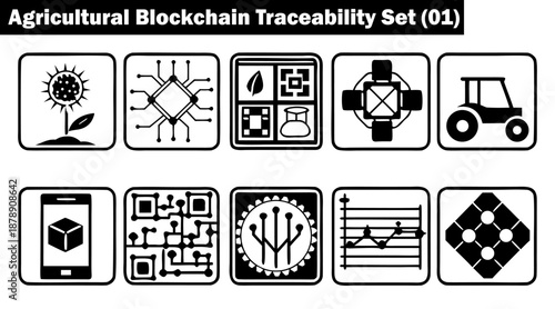 Agricultural blockchain traceability set with minimalist farming black icons vector illustration.