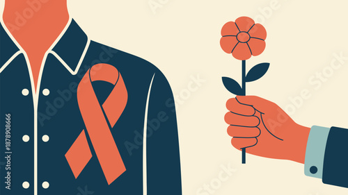 Person holding a pink ribbon and flower Vector