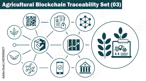 Agricultural blockchain traceability set with connected smart farm diagrams vector illustration.