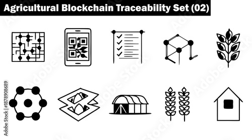 Agricultural blockchain traceability set with black minimalist farming icons vector illustration.