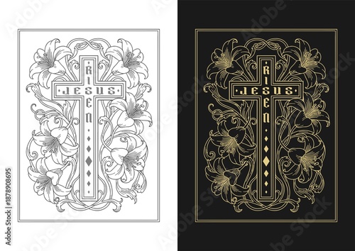 Ornate Christian cross with Easter lilies in Art Nouveau style, religious vintage illustration for Resurrection Sunday, luxury gold and black vector