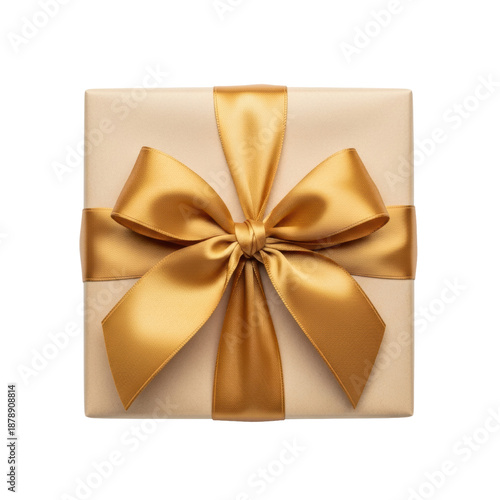 perfectly square beige gift box wrapped in textured parchment paper, secured with a lustrous golden satin bow, high-key studio flat lay on white background. luxury commercial product concept