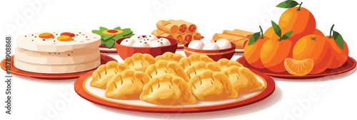 A vibrant arrangement of traditional Chinese New Year foods including dumplings, oranges, and sweet treats on red plates against a clean white background with a festive atmosphere.