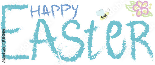 Hand drawn Happy Easter  greeting illustration with paster floral elements and lettering.