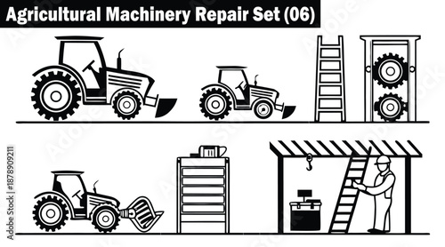 Agricultural machinery repair set different tractors and tools for workshop illustration vector illustration.