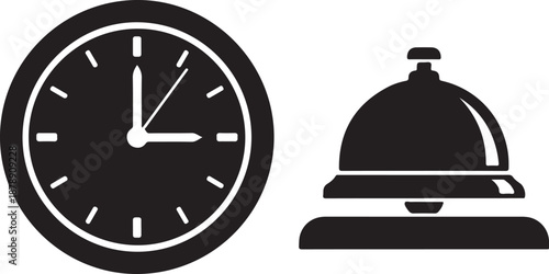 Black and white clock and hotel bell symbol time