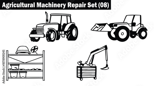 Agricultural machinery repair set, tractor digger tools, and storage rack for workshop, illustration vector illustration.