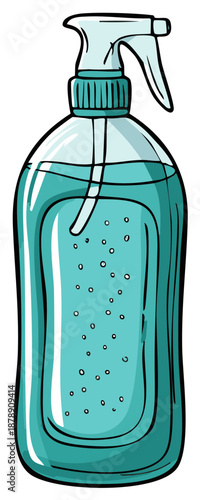 Cartoon illustration of a turquoise spray bottle filled with blue liquid and bubbles